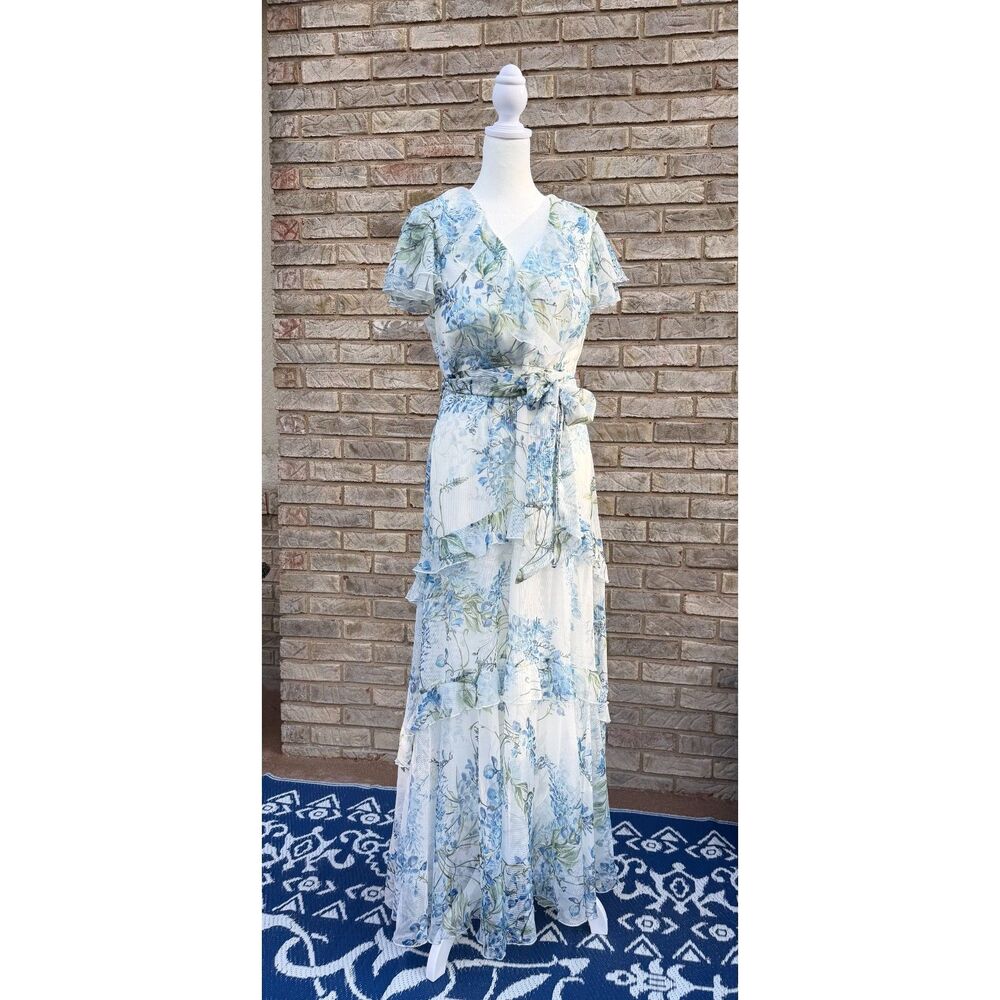 ALEX MARIE "Lillian" Floral Tiered Maxi Dress 10P Flutter Sleeve Fairy Ethereal
